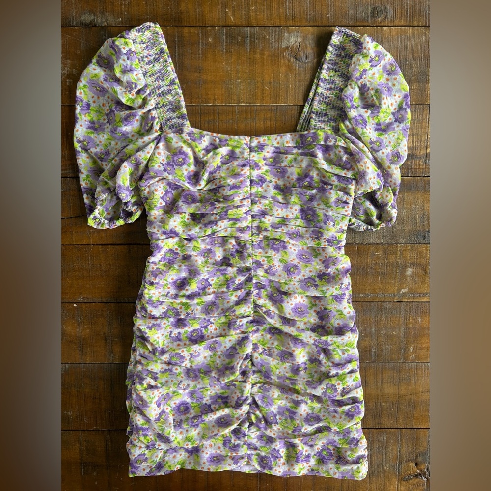 ZARA Purple Floral Ruched Mini Dress Large